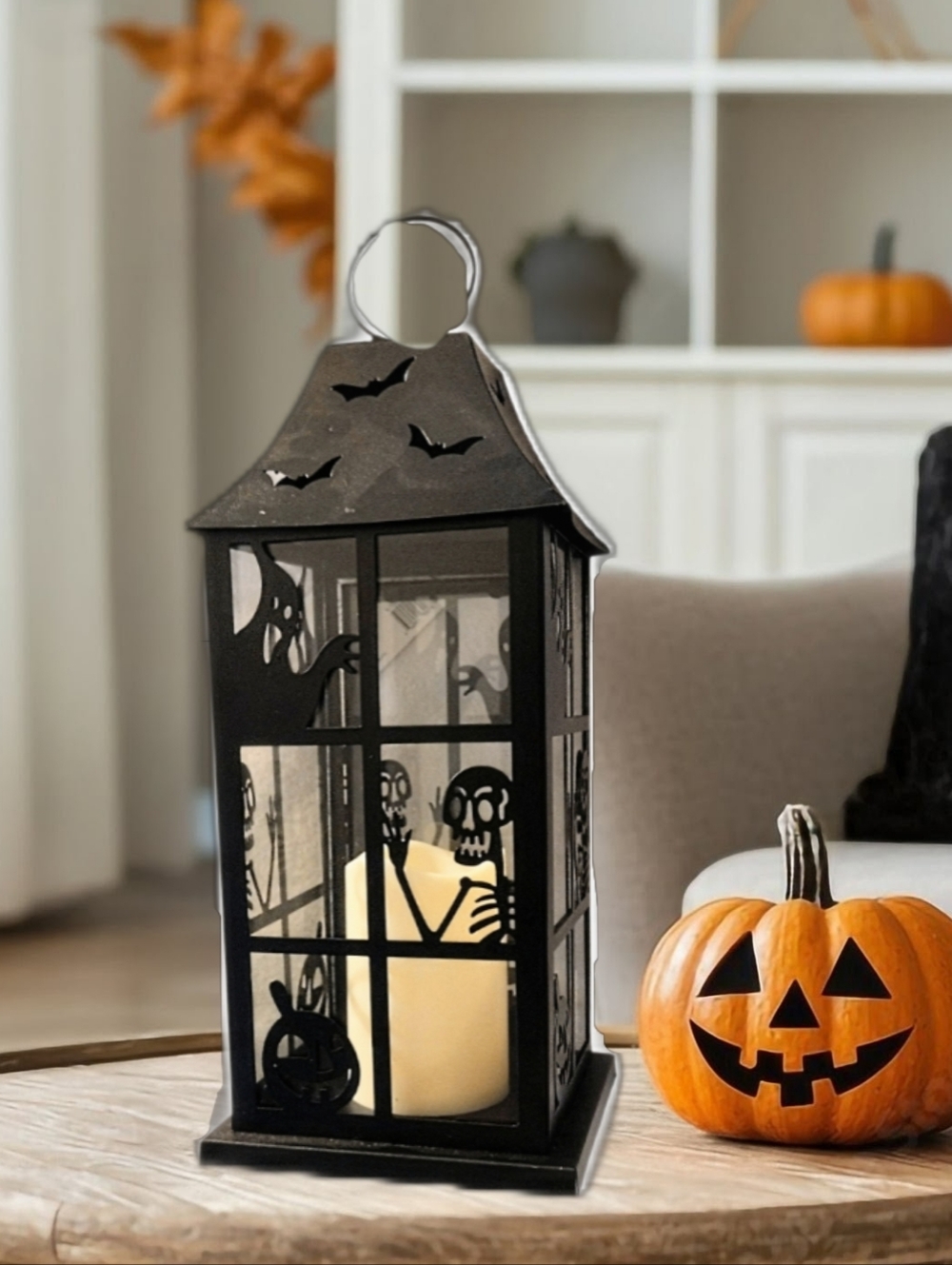 🎃 NWT Large Black Metal Glass Halloween Ghost LED Candle Holder Lantern Decor